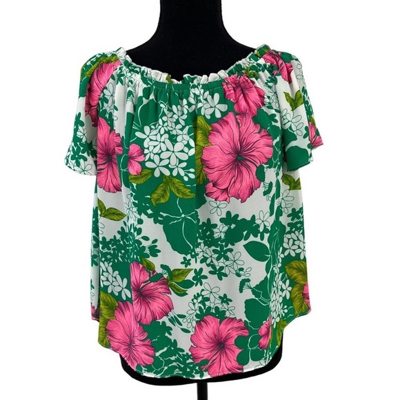 Izzy & Lola Green Pink Short Sleeve Floral Ruffle Blouse Small - Picture 1 of 4